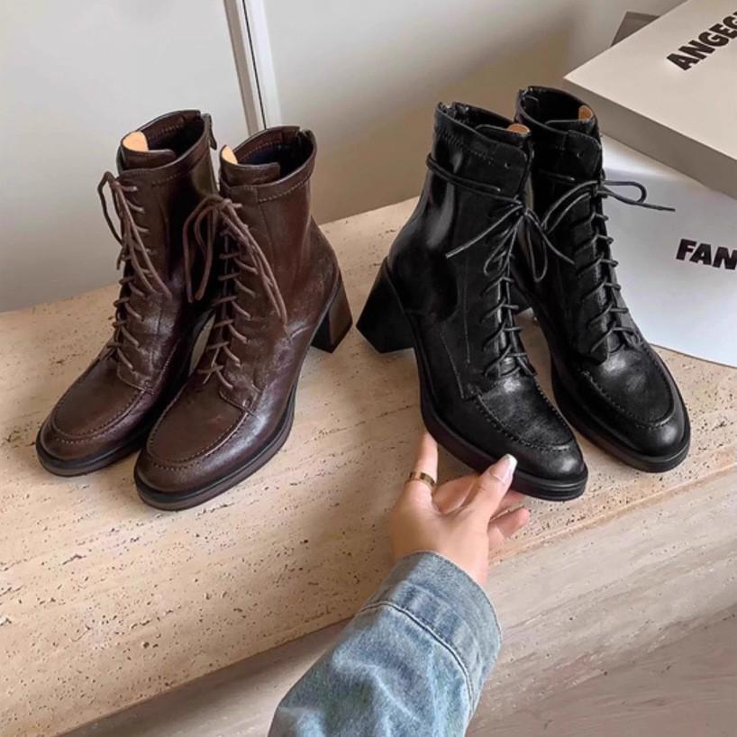 Coarse heel heightening Martin boots women's 2025 new versatile side zipper lace-up short boots locomotive knight boots