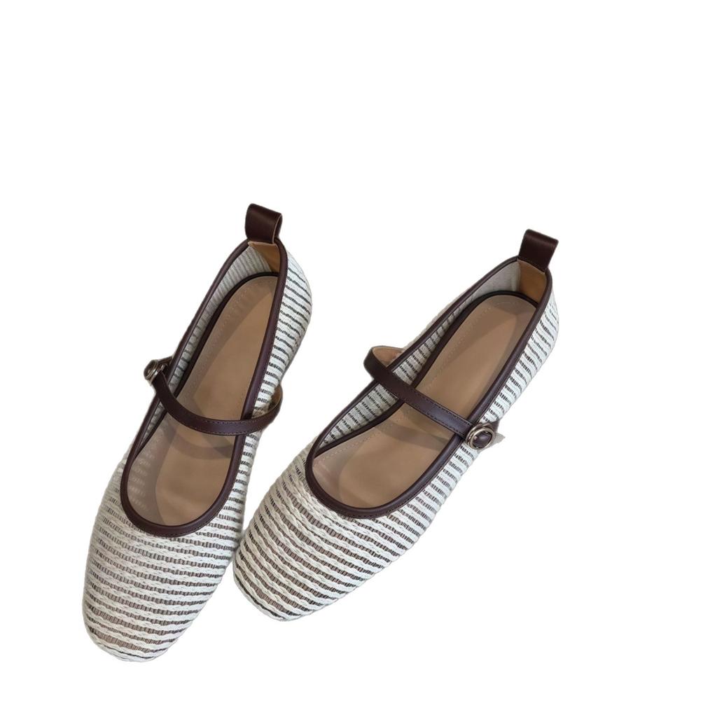 French Hollow Woven Flat Mary Jane Women's Shoes 2025 New Retro Versatile One-word Belt Ballet Shoes