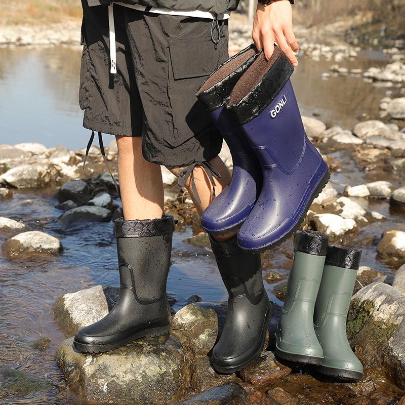 Medium Tube Rain Shoes Men's High Tube Thick-soled Non-slip Waterproof Shoes Men's Fashion Rain Boots Fishing Water Boots Thermal Rubber Shoes Fashion