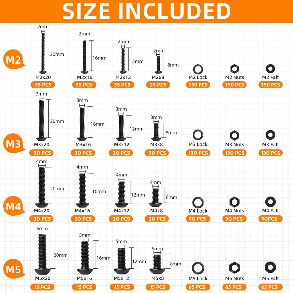 1705PCS Hex Button Head Machine Screw Assortment Kit, M2 M3 M4 M5 Metric Bolts and Nuts Kit with Lock & Flat Washers and Allen Wrench, Grade 10.9