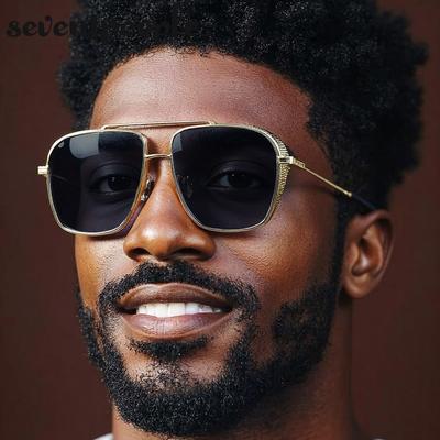 Vintage Oversized Square Sunglasses Men  Luxury Brand Classic Metal Double Beam Punk Sunglass For Male Trendy Driving Shades