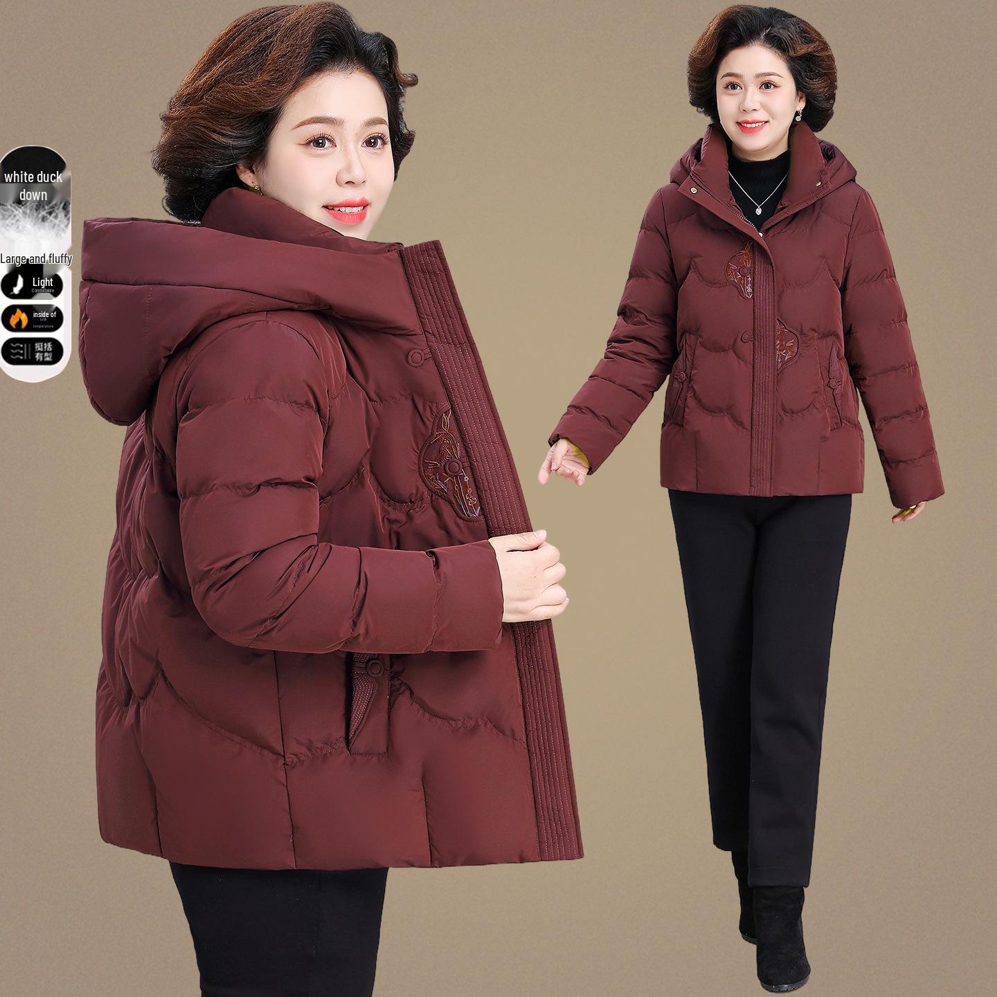 

Women s 2025 Warm Hooded Down Jacket: New Style Embroidered Cotton Winter Outerwear for Middle-Aged and Elderly Mothers. 5XL [165-180 jin]