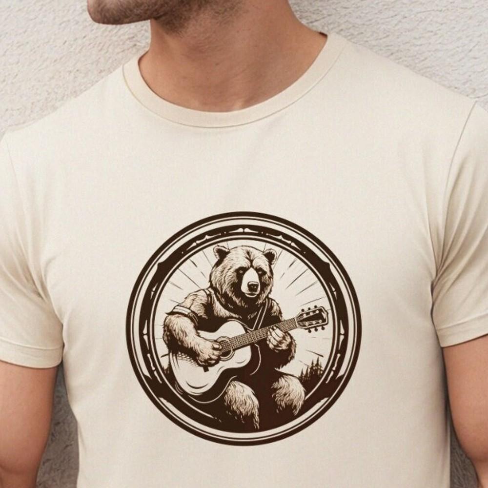 26 Vintage Bear Guitar Shirt, Mens Bear Tshirt, Bear Graphic Natural T-Shirt Unisex T-Shirt S