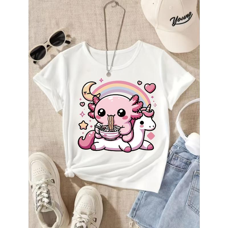 European sizes Girls' Magical Rainbow Moon & Salamander (or unicorn) Print Short-Sleeve T-Shirt - Spring Summer Fall Casual Round Neck Blouse