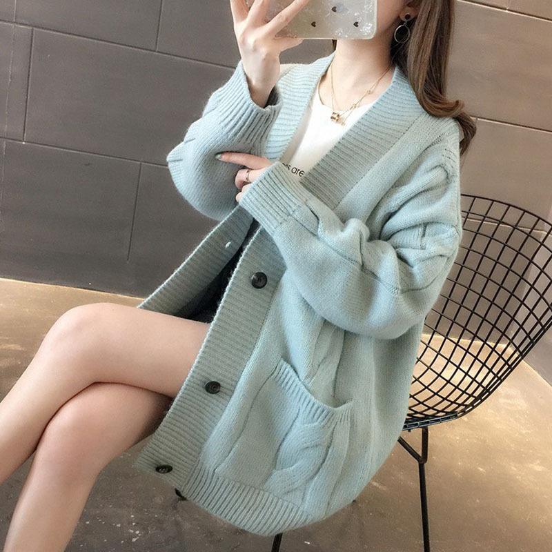 Fauler Wind V-Ausschnitt Zopfstrickpullover lockerer Überzieher Damen Strickjacke V-Ausschnitt vielseitige Pulloverjacke