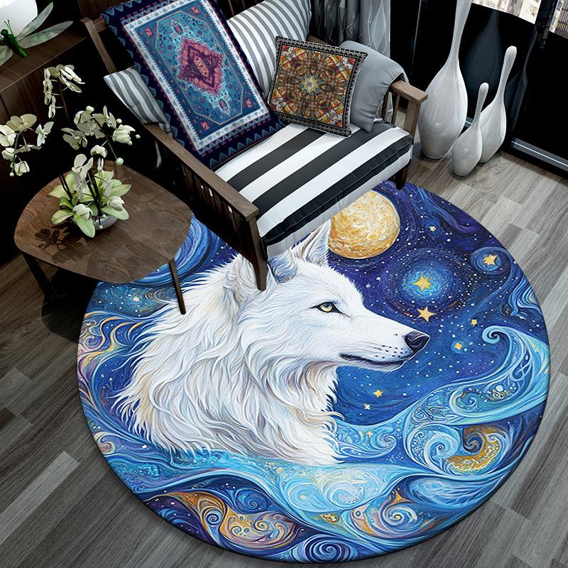 White Wolf Round Area Rug,Carpet Rug for Living Room Bedroom Sofa Playroom Decor,Non-slip Floor Mat