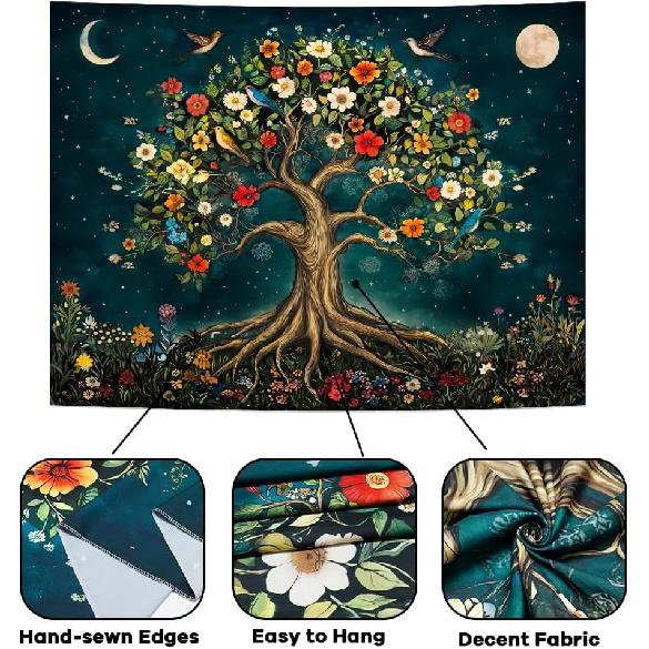 Amtoodopin Tree of Life Tapestry Mystic Boho Flowers Tapestry Vintage Aesthetic Tree Wall Tapestries Retro Nature Floral Plants Tapestries Wall