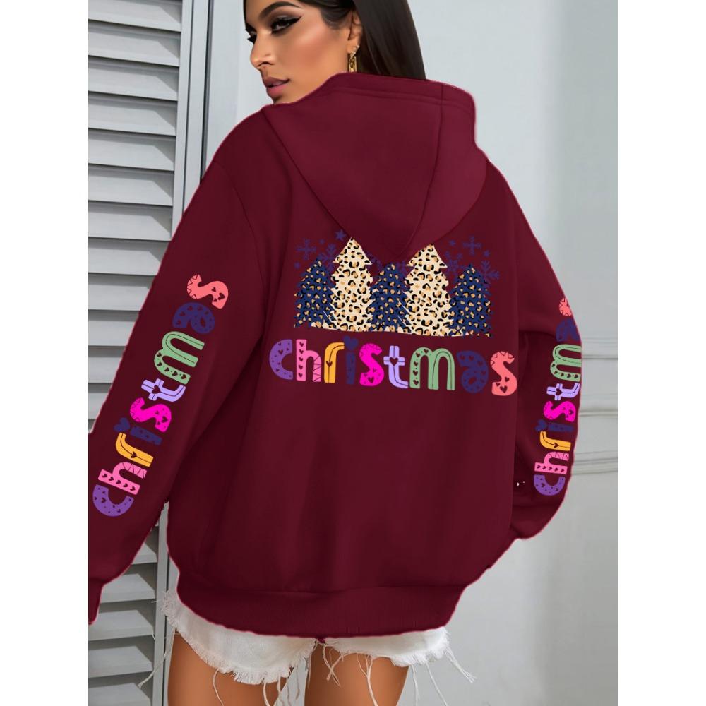 Merry Christmas Leopard Trees Printing Hoodie Women Hip Hop All-Match Streetwear Casual Loose Hoodies Autumn Woman Hoody