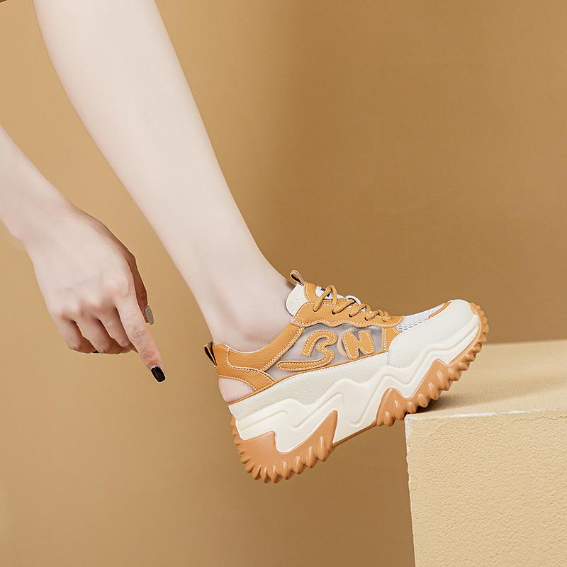 

Сандалии Daddy женские 2025 новые летние увеличенные полые сетчатые дышащие спортивные повседневные белые туфли 35 жёлтый