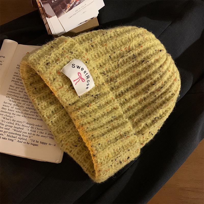 

Korean Style Bow Patch Warm Knitted Woolen Hat for Women in Autumn and Winter Cold Hat Showing Face Small Big Head Circumference Hat M（56-58cm）