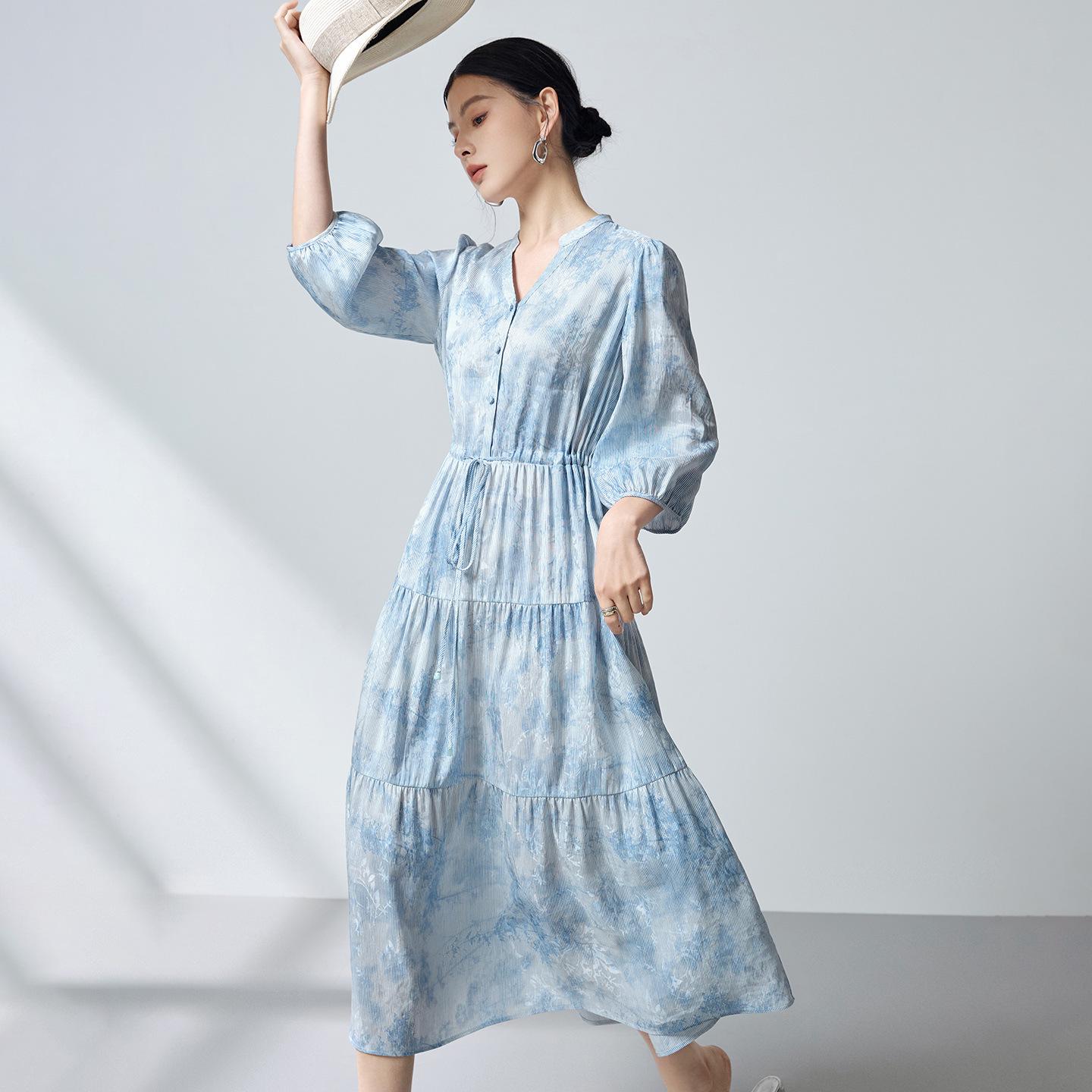 

Ink Wash Silk Linen Blend High-End Dress: Summer 2026, Ink Bleeding Design, Cinched Waist, Large Hem Skirt. XL