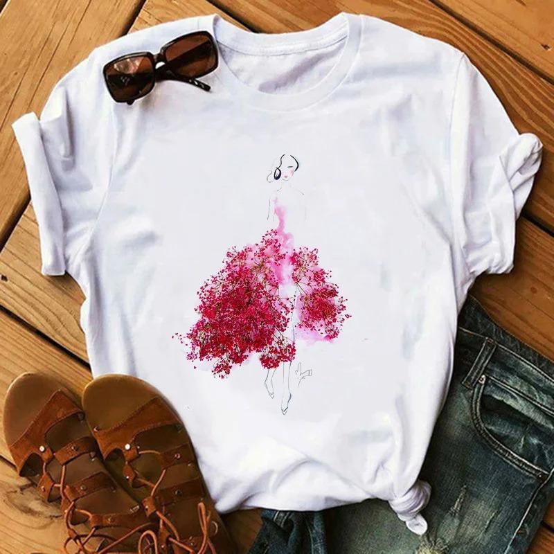 Fashion Flowers Red Rose Pattern Skirt Print Tshirt Womens Tshirt Womens Style Sleeve Tshirt Summer Top Tshirt S