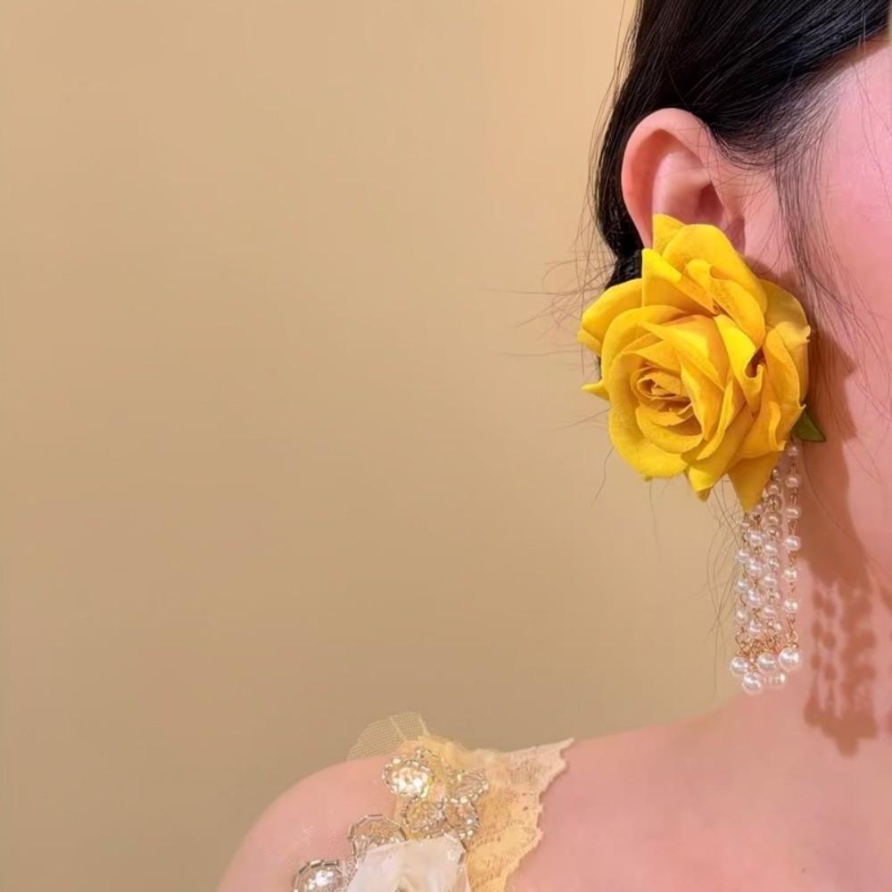 1 pair Bohemian Style Yellow Rose Earrings Chinese Rose Earrings  Festival Ear Accessories