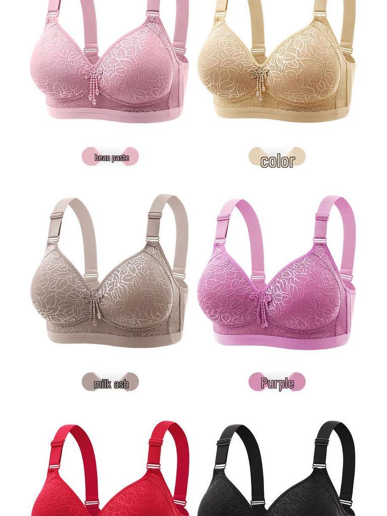 Popular Lace Underwire Bra for Plus Size Middle-Aged Women - Fixed Cup, Four-Row Hook-and-Eye, Thin Cotton Gathering Support.