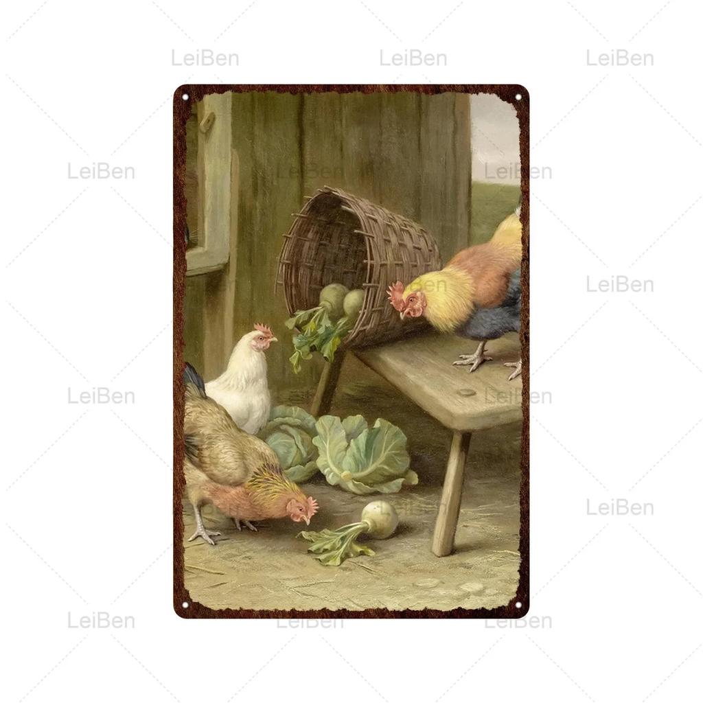 Kyckling Vintage Metallplåtskyltar Kyckling Tupp Höna Ägg Gård Staket Skylt Retro Plakett Dekorativ Plåt för Gårdstallrik Heminredning