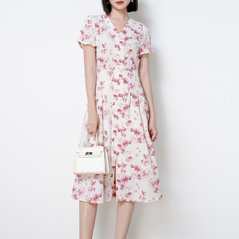 

V-neck floral chiffon dress women s summer ink painting waist thin medium and long dress gentle wind A word Platycodon skirt M