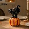 Seasonal Festive Atmosphere Props Halloween Black Cat Pumpkin Ornament, Vintage Wood Carving Style Sculpture with Resin Figurine, Spooky Tabletop