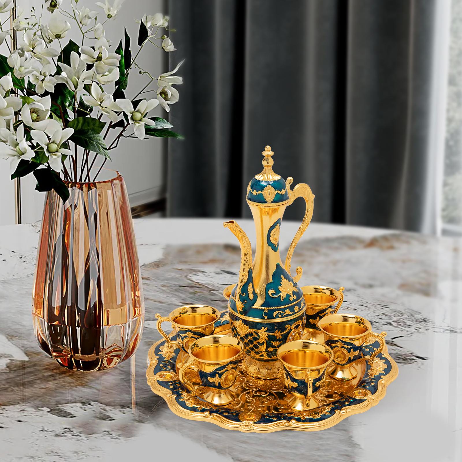 

Exquisite Turkish Tea Set, Vintage Ottoman Style Coffee Pot W/ 6 Cups, Zinc Alloy Tea Service for Home Decor, Gift for Birthday