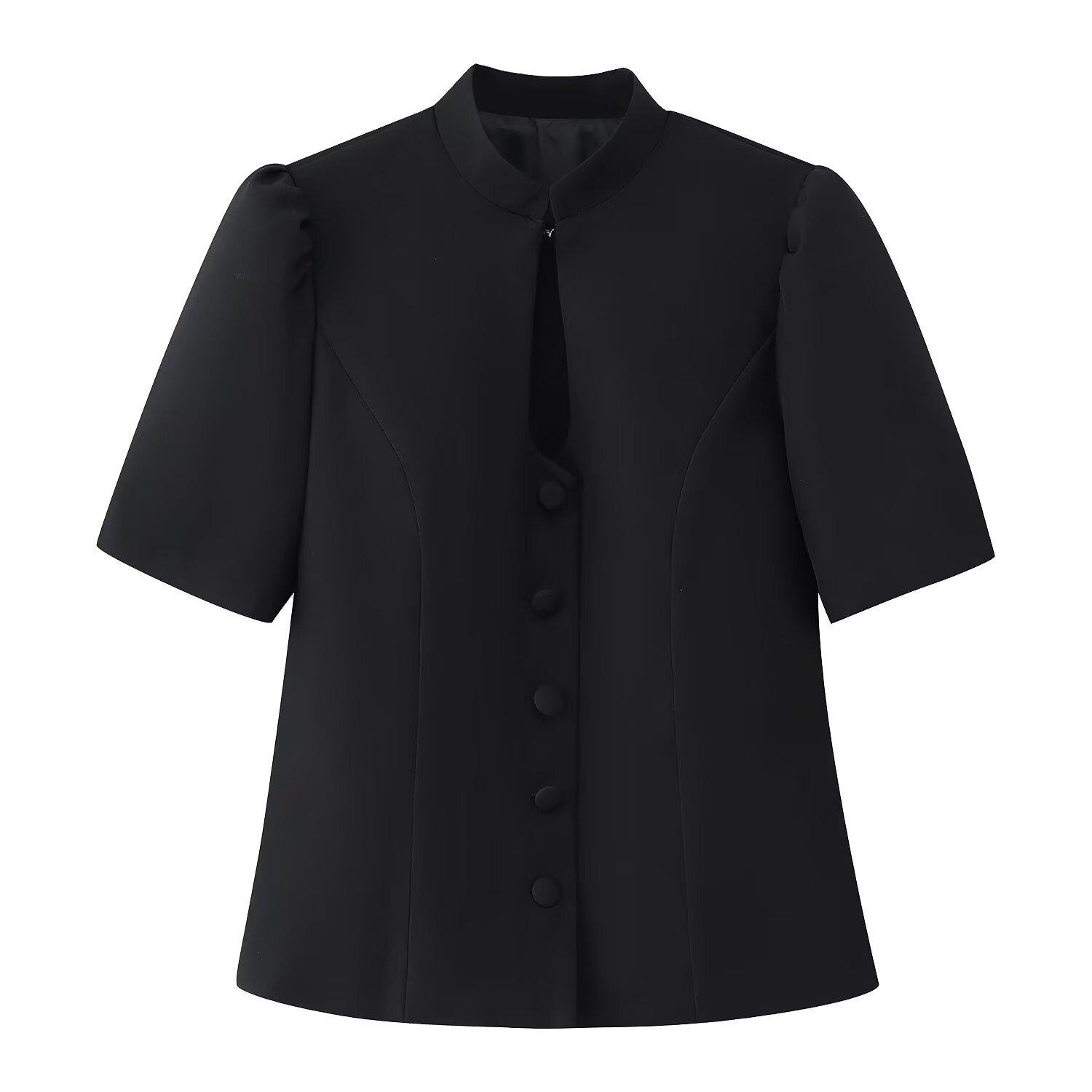Women s Black Short Sleeve Mandarin Collar Button Front Top Casual Blouse S чёрный