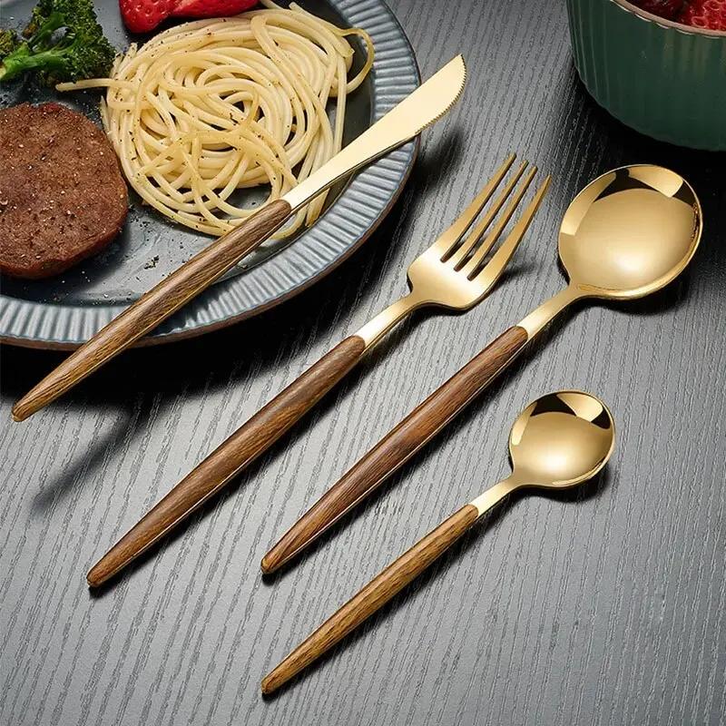 4pcs Stainless Steel Imitation Wooden Handle Cutlery Set Dinnerware Clamp Western Tableware Knife Fork Tea Spoon sets