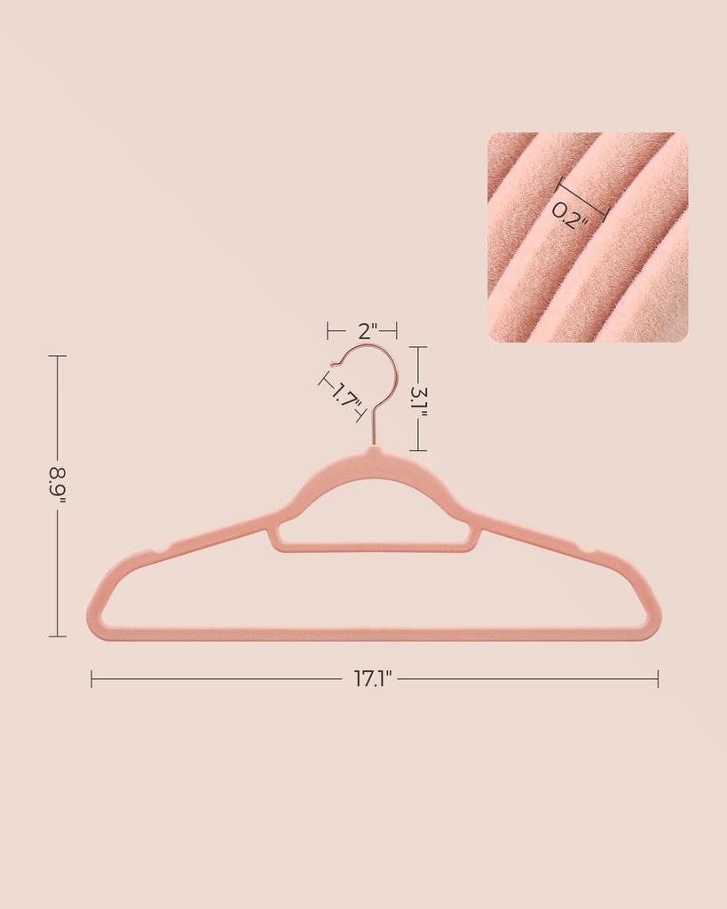 SONGMICS Velvet Hangers, Set of 30 Clothes Hanger with Rose Gold Swivel Hook, Non-Slip, and Space-Saving, 0.2-Inch Thick