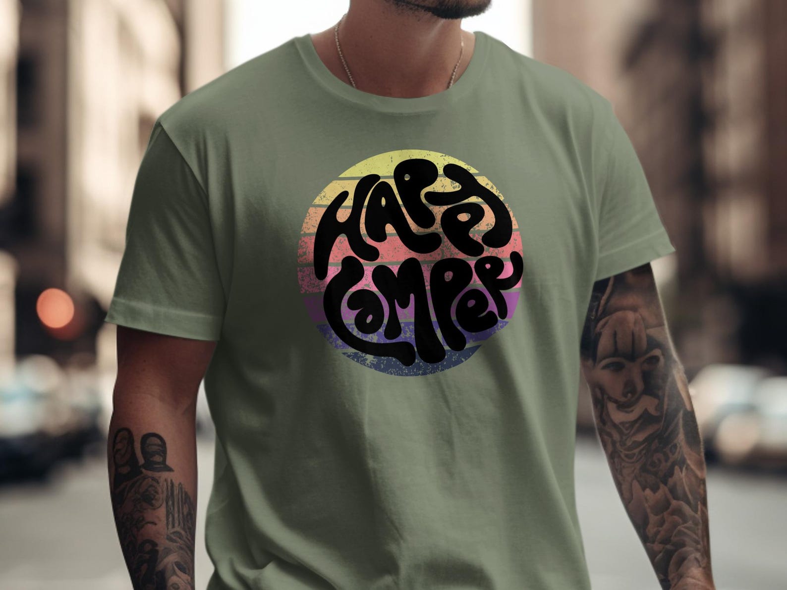 Happy Camper T-Shirt, Groovy Retro Camping Tee, Vintage Sunset Stripes Shirt M