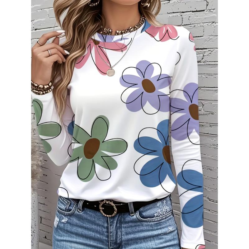 Women s Fashion Flower Print Long Sleeve Casual T-Shirt S