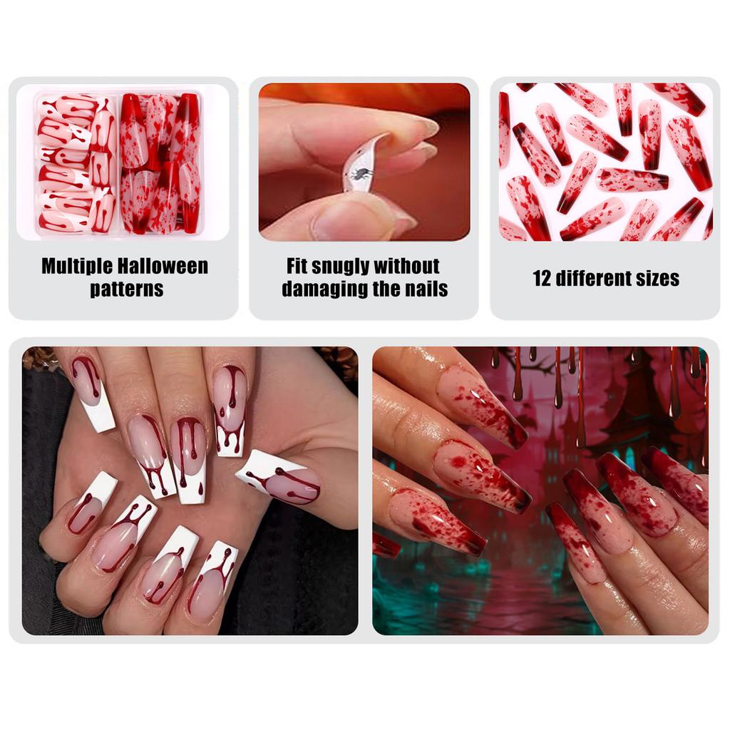 Halloween Fake Nails Stickers 48pcs Creepys Blood Drip Patterns Selfs Adhesive Nail Art For Women Party Costume Makeup