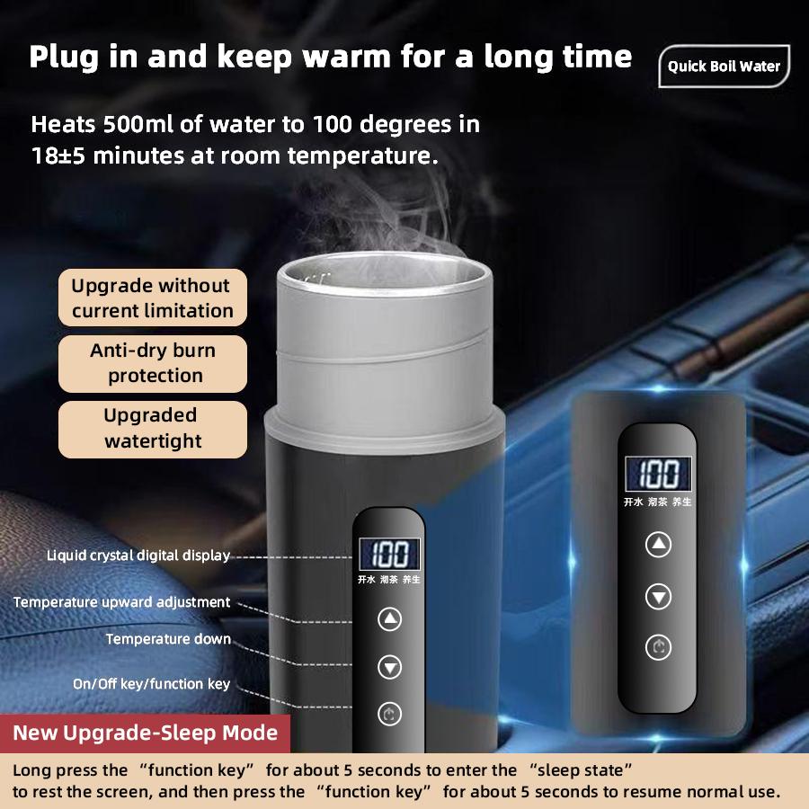 12V/24V Car Heating Cup 500ml Electric Kettle with Temperature Display Three Modes Stainless Steel Travel Heating Thermal Mug