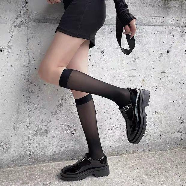 Women's Thin Patchwork Black Silk Calf Socks - Fake Thigh-High Pantyhose for Leg Slimming (Spring, Autumn, Winter)