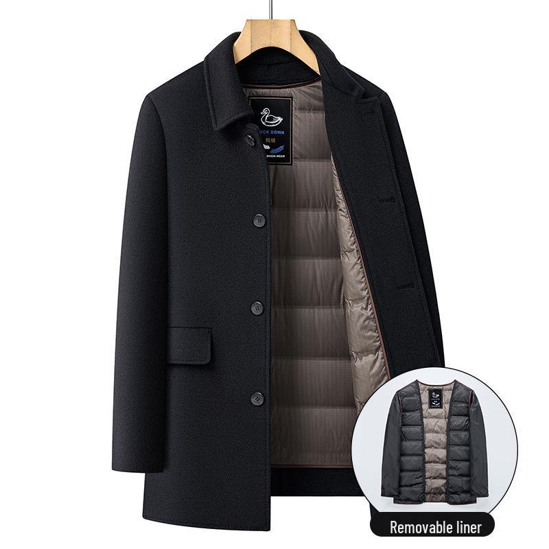 Men's Double-sided Mid-length Wool Coat with Lapel and Casual Down Liner