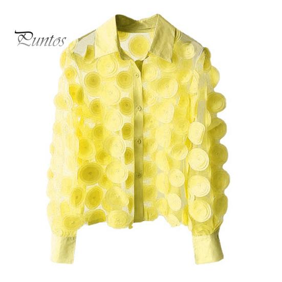 Women Summer Chiffon Shirt Lapel Lantern Long Sleeve Shirt Tops 3D Floral Print Semi-Sheer Mesh Splicing Single Breasted Blouse
