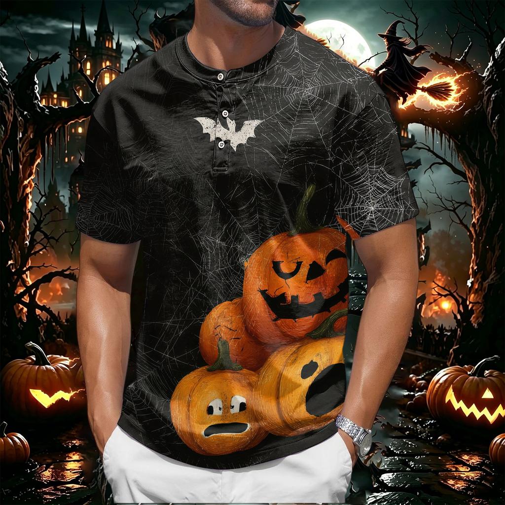 Men's Halloween Print Short Sleeve Henley Shirt Casual Round Neck Tee with Button Detail Suitable for Seasonal Wear