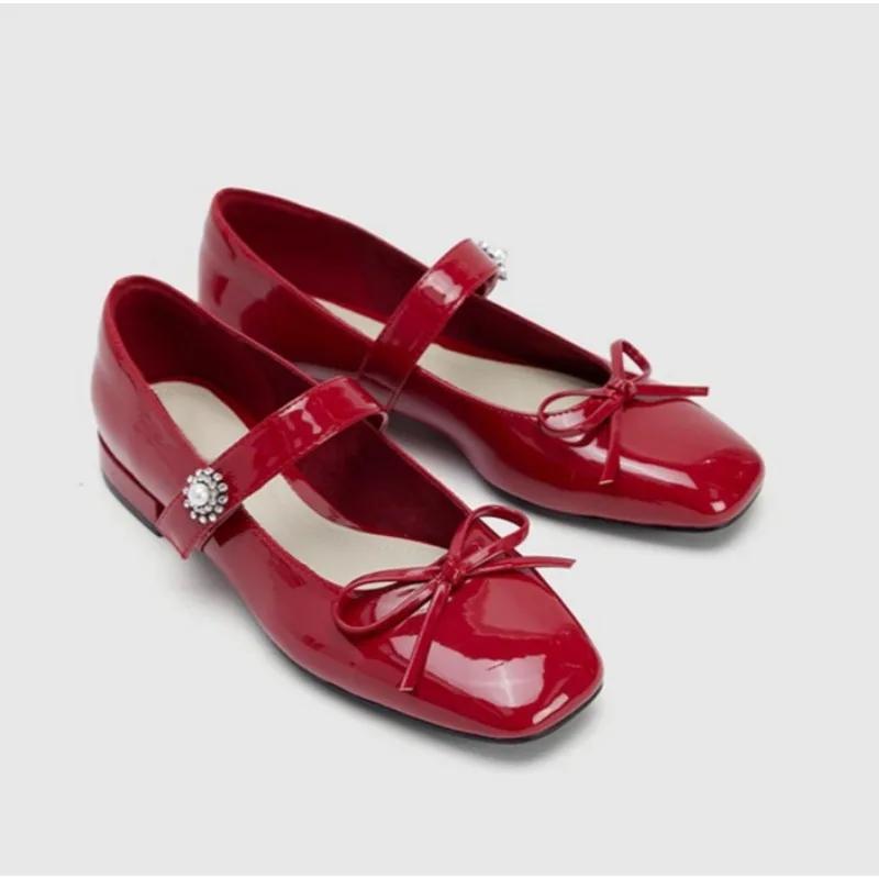 

Fashion 2025New Ladies on Sale Janes Round Toe Bow Tie Dress Pumps Buckle Strap Crystal Med Heel Shoes 35 красный