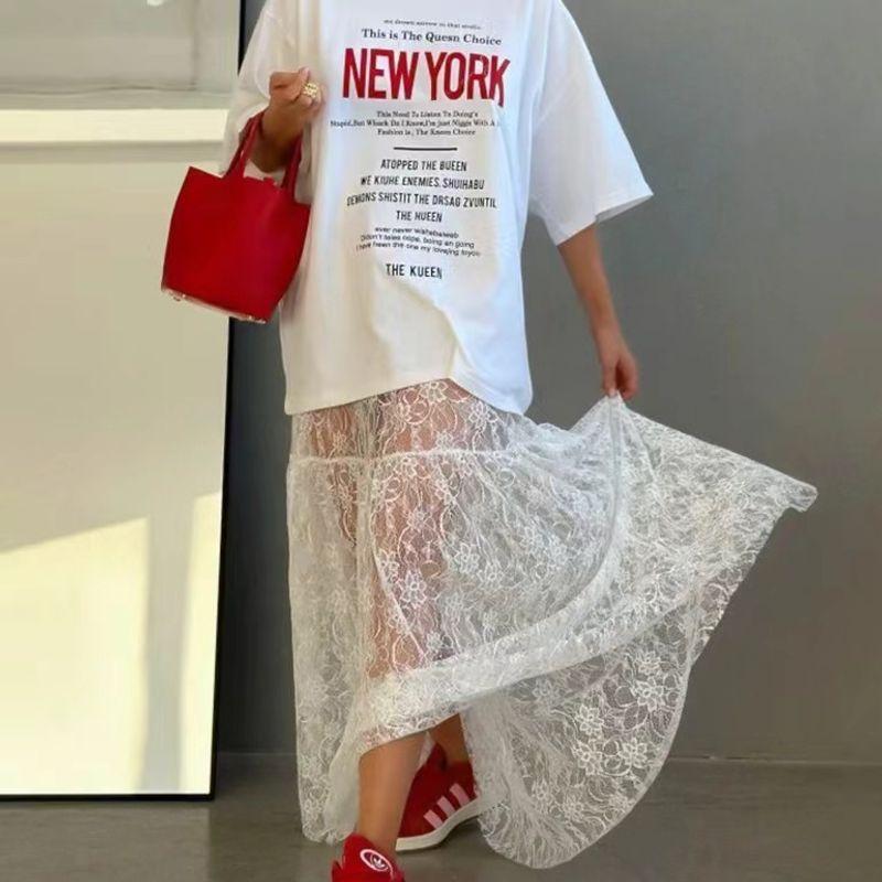 

European and American New Fashion Loose Sexy Lace Jacquard High Waist Skirt Sexy Lace Sheer Skirt White S
