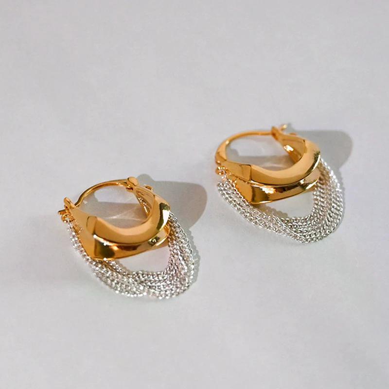 Fashion Chain Tassel Earrings Gold And Silver Color Contrast Temperament Retro Women Accessories