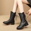 Fashion Elegant with Low Heels Black Pointed Toe Lace-up Half High Boots for Women Autumn Winter Chic Fleece-Lined Mid Calf Shoes Woman