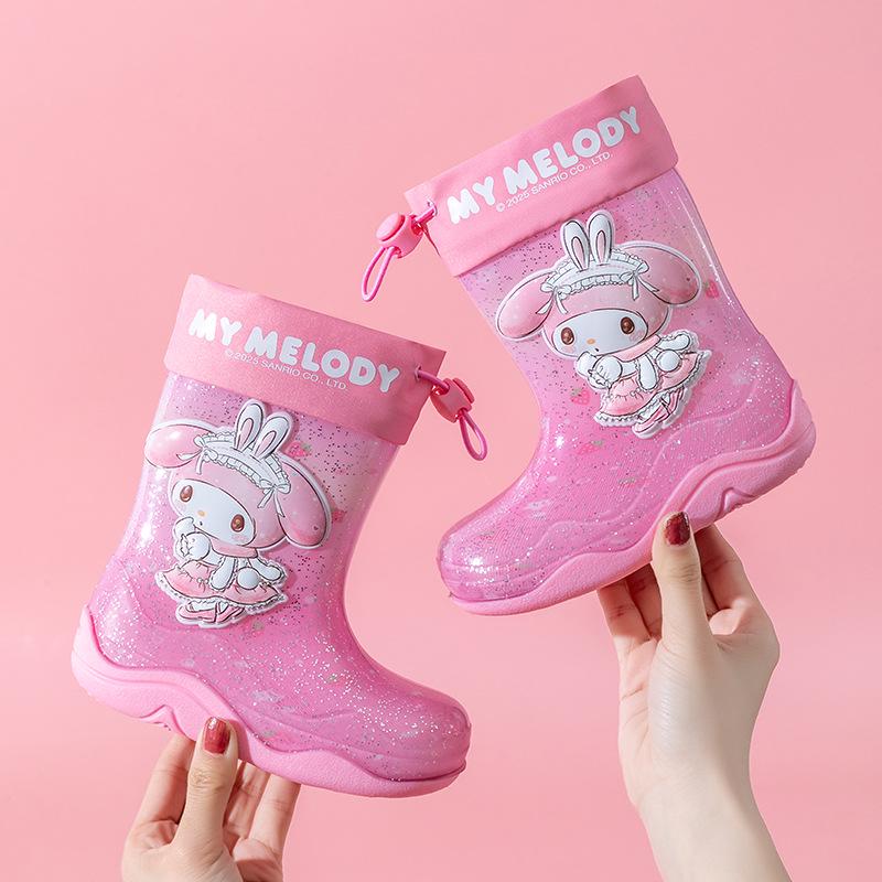 Sanrio Kids Waterproof Girls' Winter Rain Boots with Fleece Lining, Non-Slip Outdoor Rubber Boots