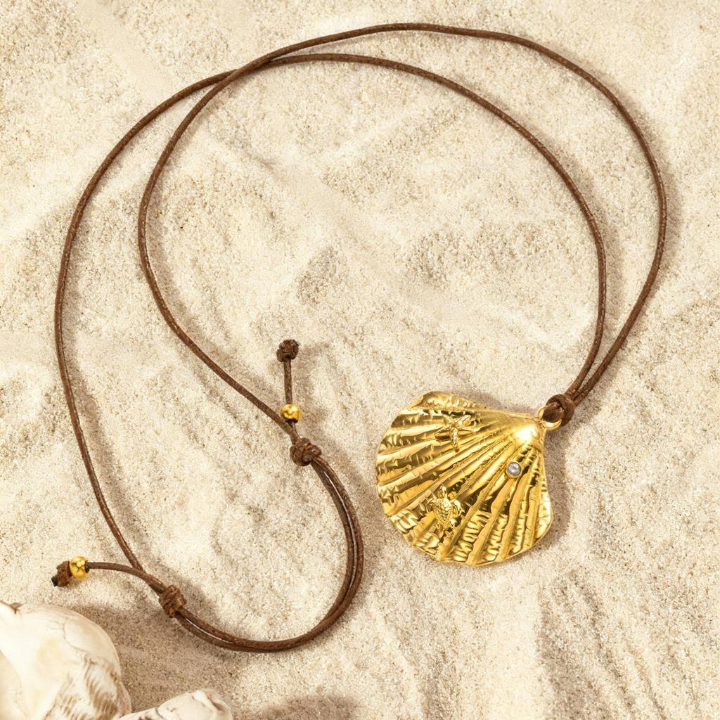 Summer Seaside Vacation Women'S Essential Accessories, Ocean Wind Shell Wax Rope Necklace, Stainless Steel Jewelry 2652