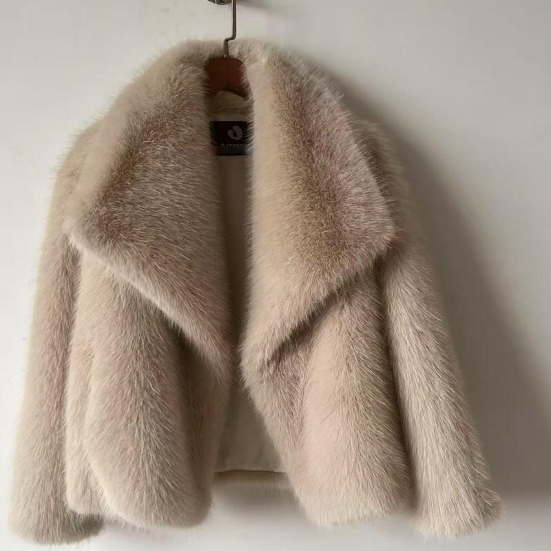 Damen Reverskragen Langarm Kunstpelzmantel Lockerer Schnitt Streetwear Pelzjacke