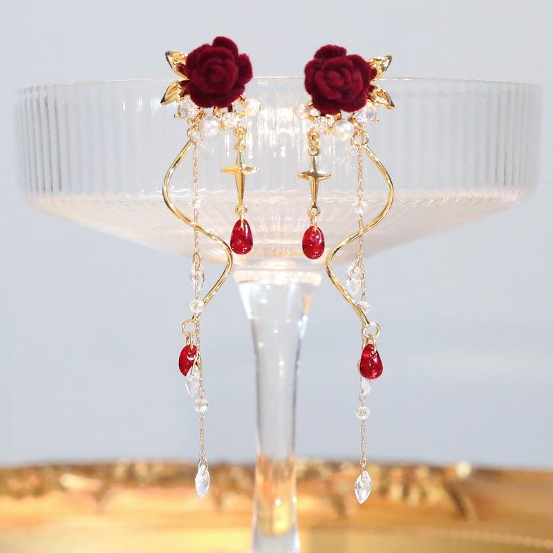 Elegante Französische Rote Rose Lange Quastenohrringe für Damen Temperament Blume Zirkon Hängeohrring Braut Hochzeitsparty Schmuck