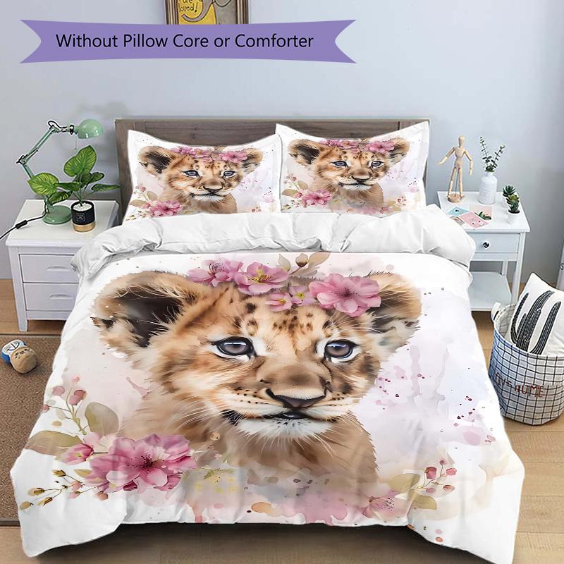

3pcs Little Lion & Flowers Quilt Set Cartoon Themed Bed Quilt Set Lovely Character Bedroom Decor Bed Quilt Set Four Seasons (1 Cover + 2Pillowcas 135x200cm