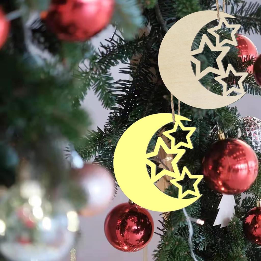 10pcs Wooden Moon and Star, Eid Decorations, Gurbani Festival Decorations, Wooden Gift Packaging Tags, DIY Crafts, Handicrafts
