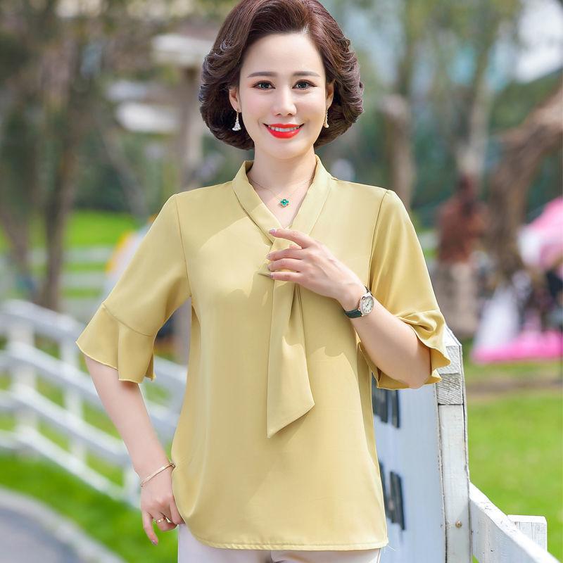 Topuri din șifon de damă Cămașă moale de vară pentru mame Cămașă pulover cu mânecă scurtă Femei de vârstă mijlocie