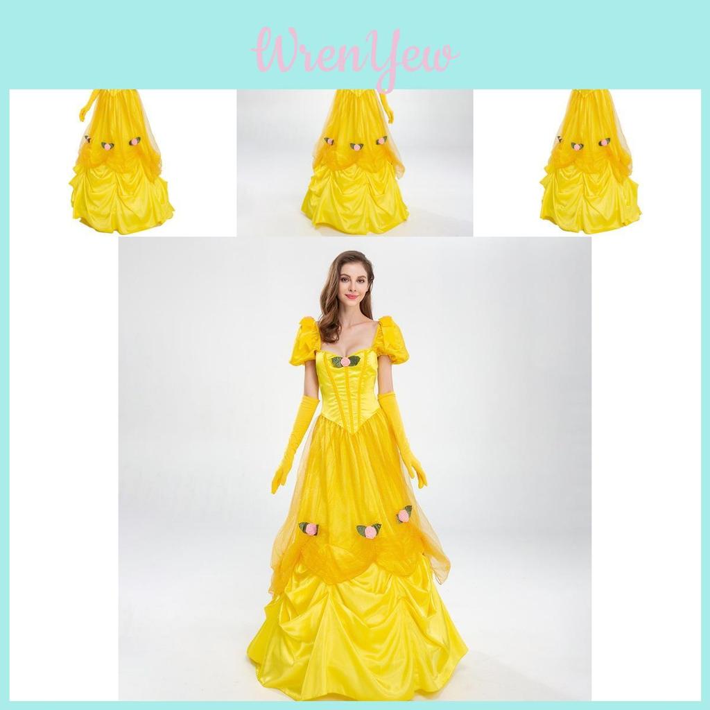 Elegant Yellow Princess Dress For Halloween Costume Featuring Belle Fairy Tale Design