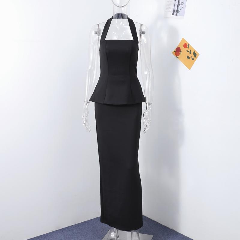 Elegant Halter Top Skirts Set Women Solid Color Backless Sleeveless Crop Tops Split Long Skirt 2025 Spring Summer New Ladies Outfits
