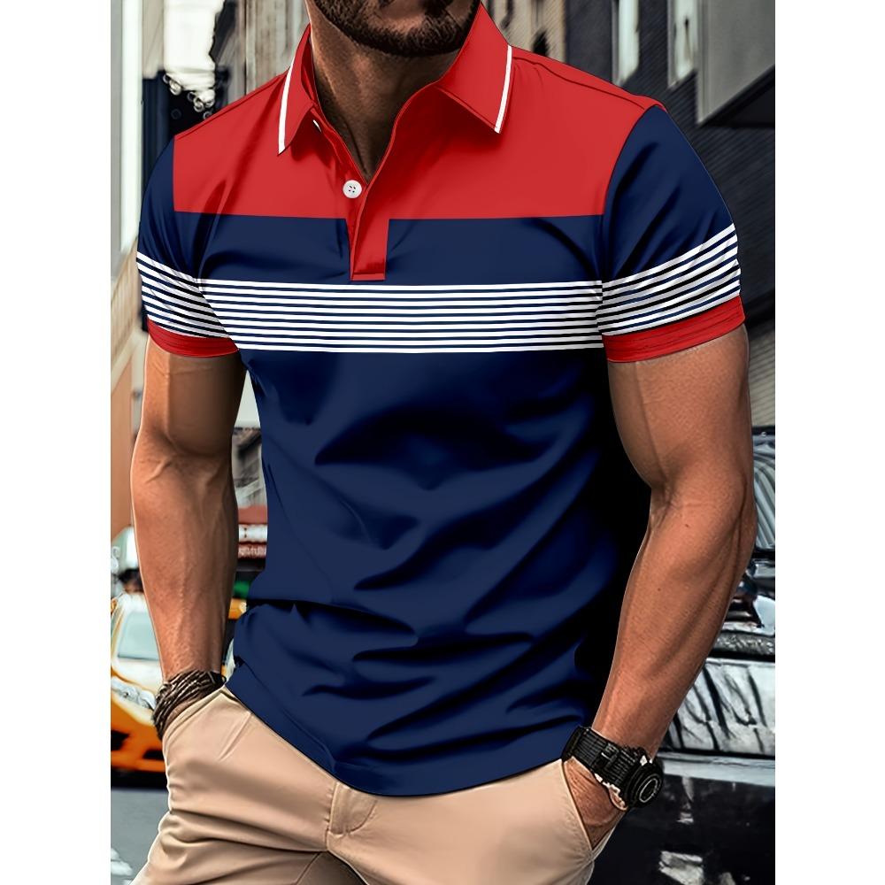 Men's fashion color blocked shirt, lapel golf shirt, short sleeved
