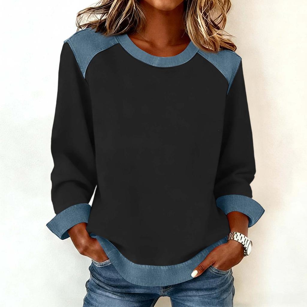 Women Denim Collar Patchwork Stitching Sweatshirt Casual  Pullover Long Sleeve Shirts