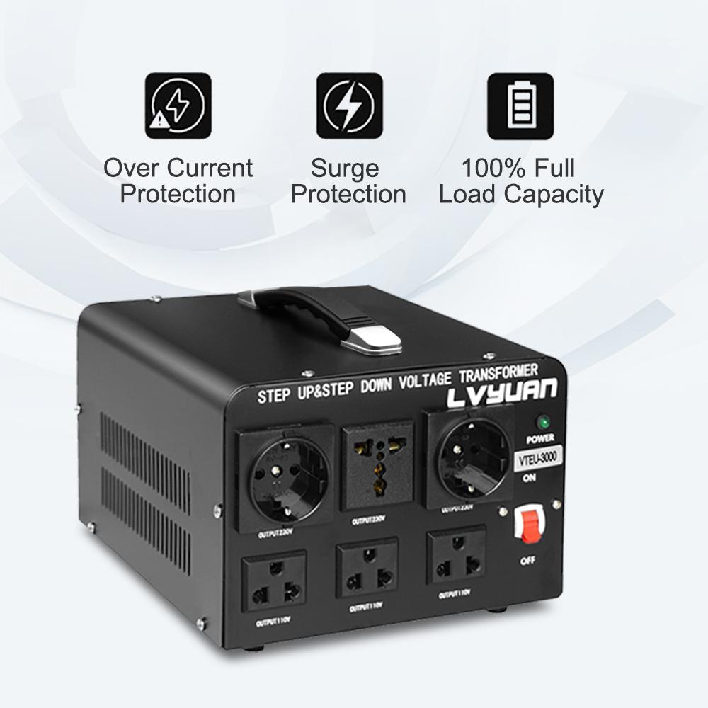 5000W Voltage Converter Transformer Step-Down 220V To 110V AC Power Converter with EU/UK Power Cord, Circuit Breaker Protection
