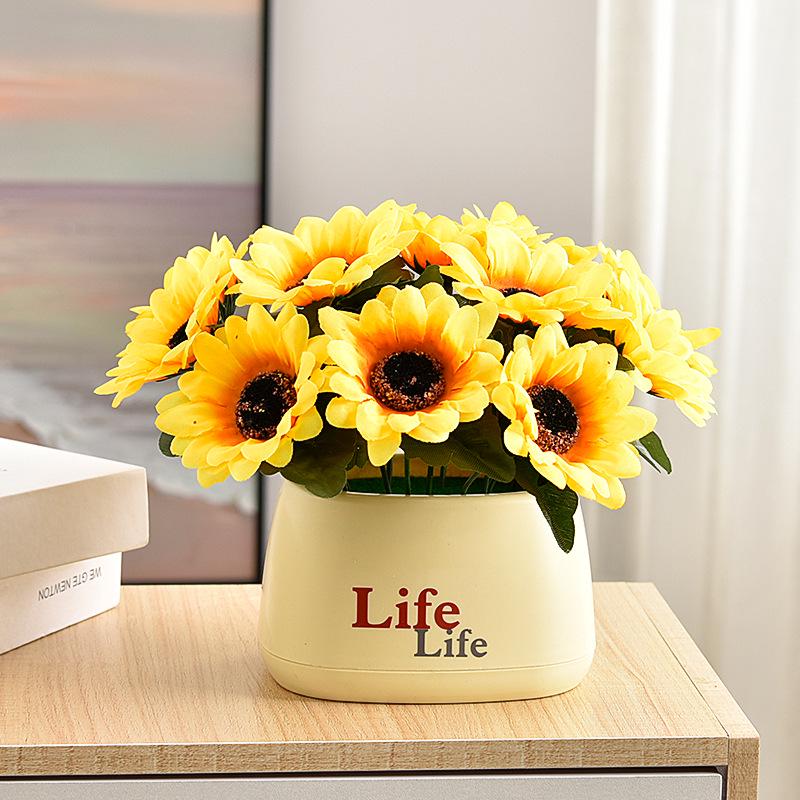 Living Room Decor: Artificial Sunflower and Green Plant Arrangements, Small Potted Plants, and Plastic Bouquets